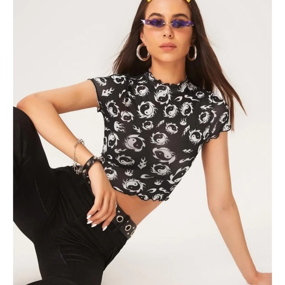 Y2K 90s Yin Yang Flames Black Mesh T Shirt Short Sleeve Super Cool XS-XL Avail - Picture 5 of 8